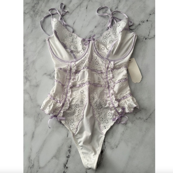 For Love & Lemons x Victorias Secret Nwt White Purple Swirl Eyelet Teddy